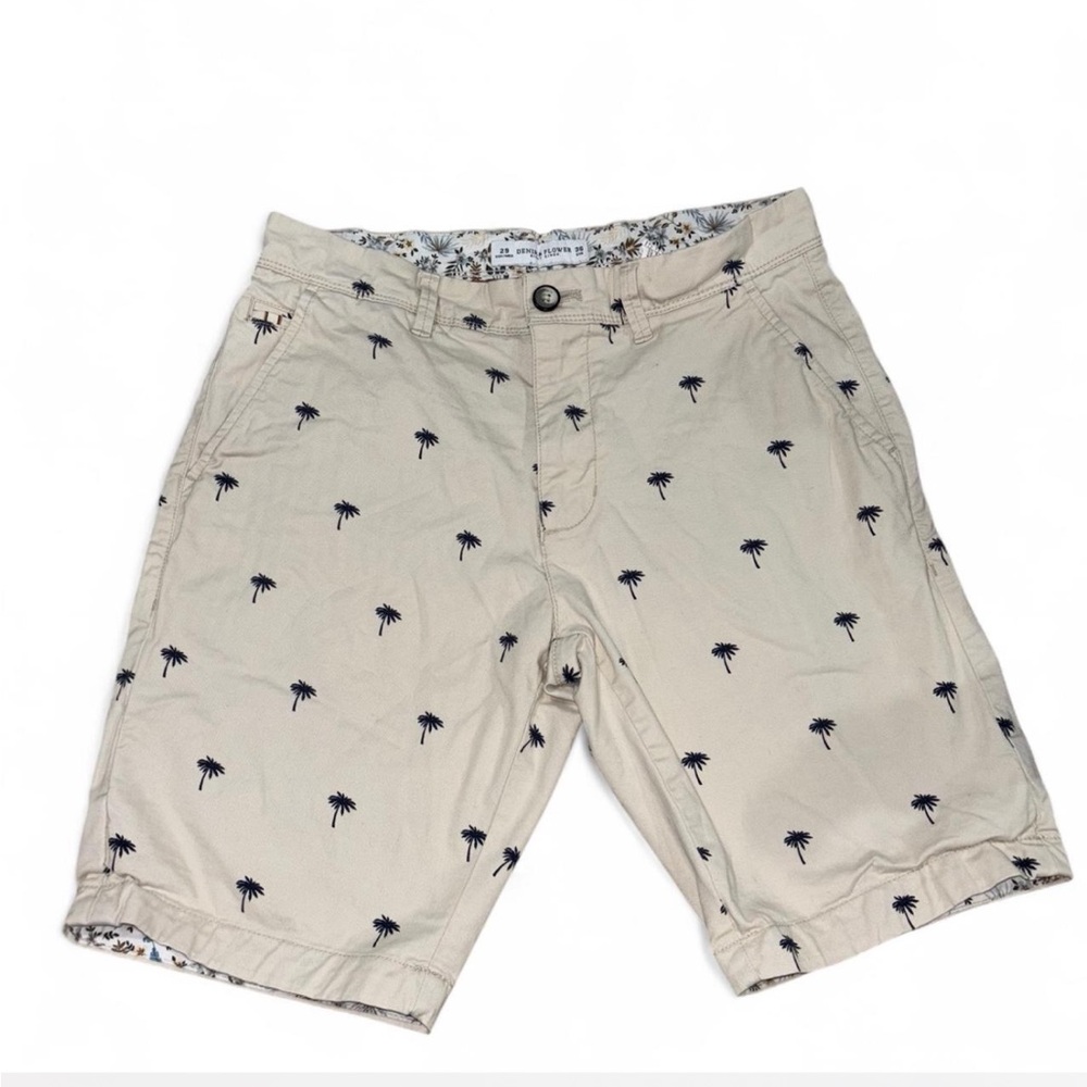 Denim & Flower Tan Shorts with Palm‎ Print